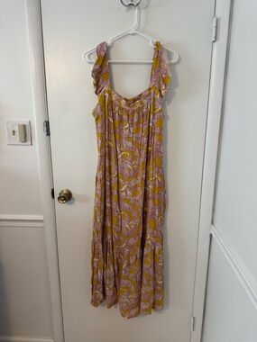 Knox Rose Pink and Mustard Floral Ruffle-Shoulder Maxi Dress
